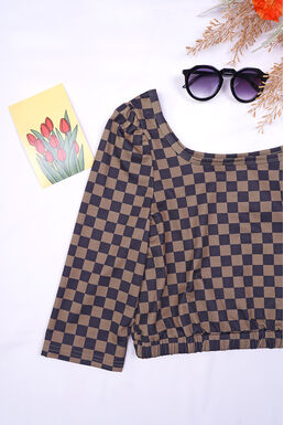 Round Neck Half Sleeve Waistband Checkered Top (Brown + Black)